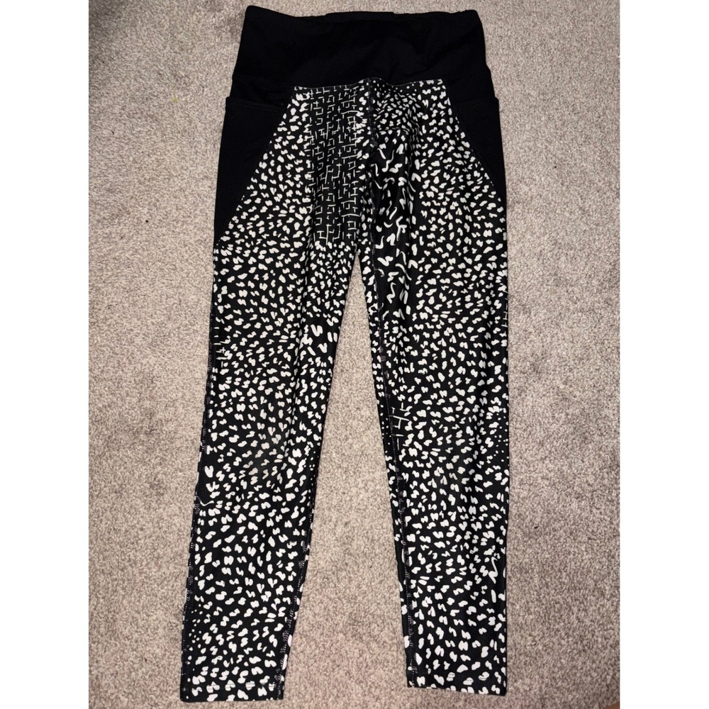 Betsey Johnson Performance Leggings Small Black White Animal Print Side Pockets